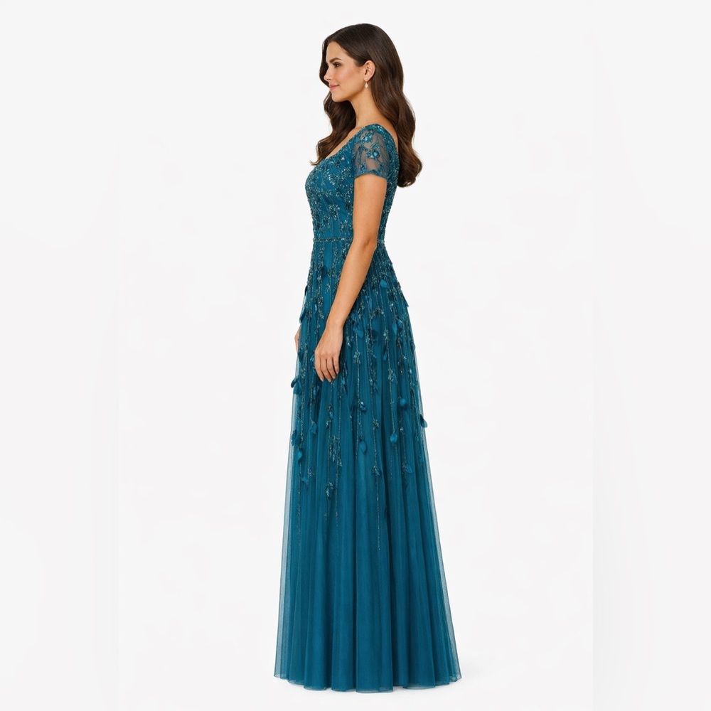 Adrianna Papell Teal Beaded Tulle Gown Size 4 NWT Black Tie Evening Formal GALA - Picture 3 of 5